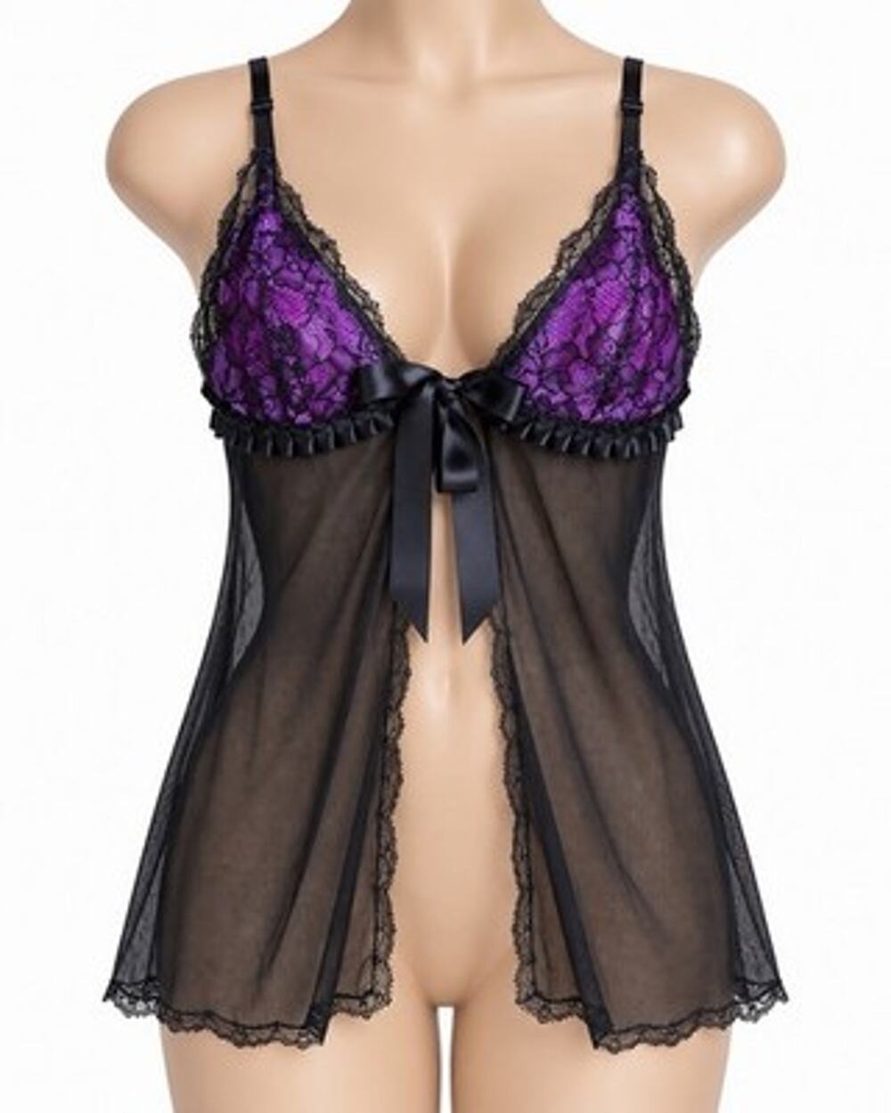 Victoria's Secret Y2K Black Purple Lace Sheer Babydoll Lingerie Size Small